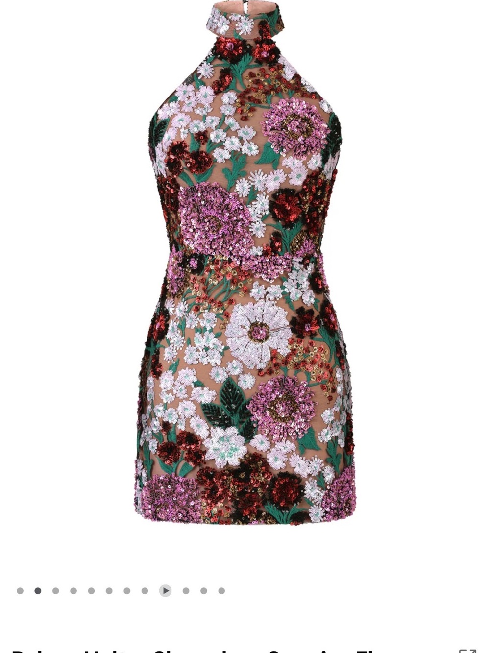Sequin Floral Halter Mini Dress in Pink, Green & Nude